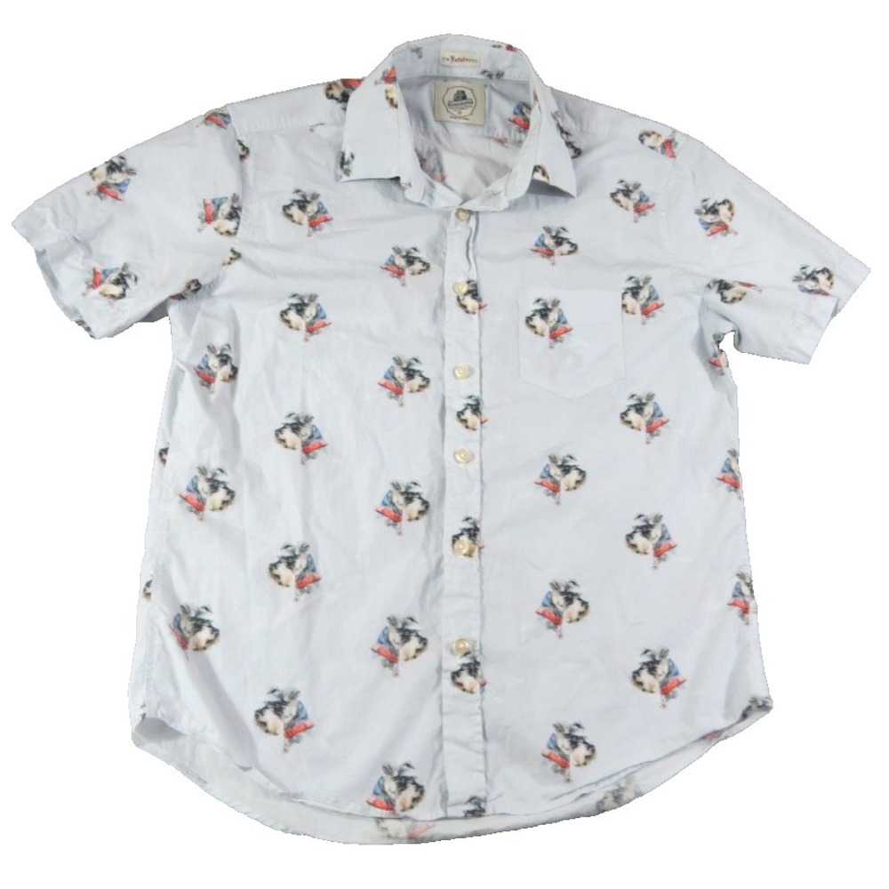 Kennington California Men M White Cotton Dog Print Short Sleeve Button Shirt